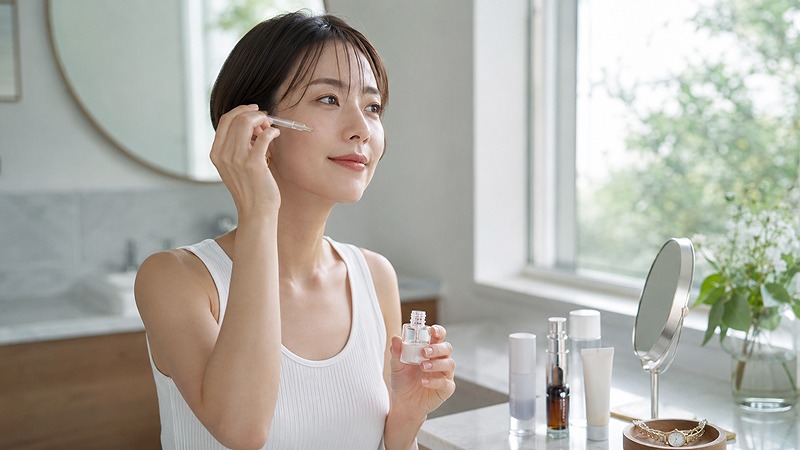 朝の明るい洗面台で女性が美容液を頬になじませている写真