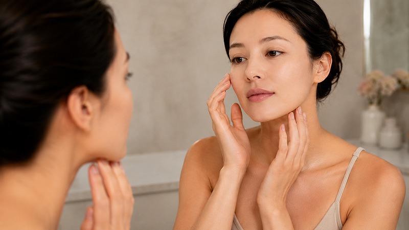 鏡を見ながら乾燥しやすい頬や口まわりを確認する20代後半の日本人女性