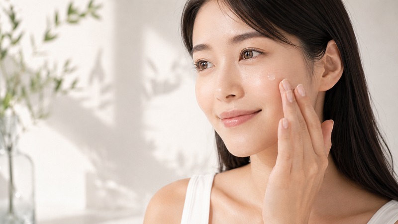 頬に美容液をなじませるスキンケアの様子