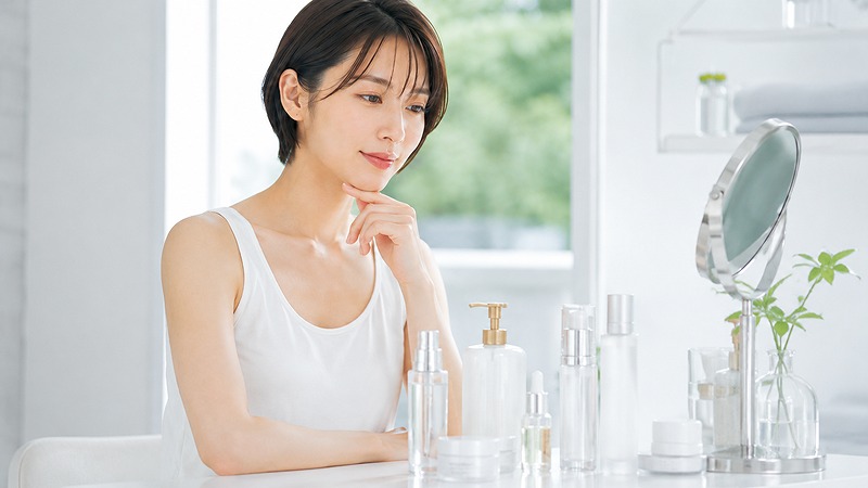 スキンケア用品を見ながら毛穴ケアを見直す女性