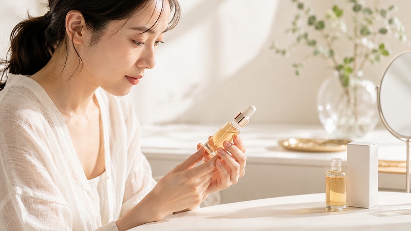 ビタミンC美容液のボトルを手に取り確認している女性