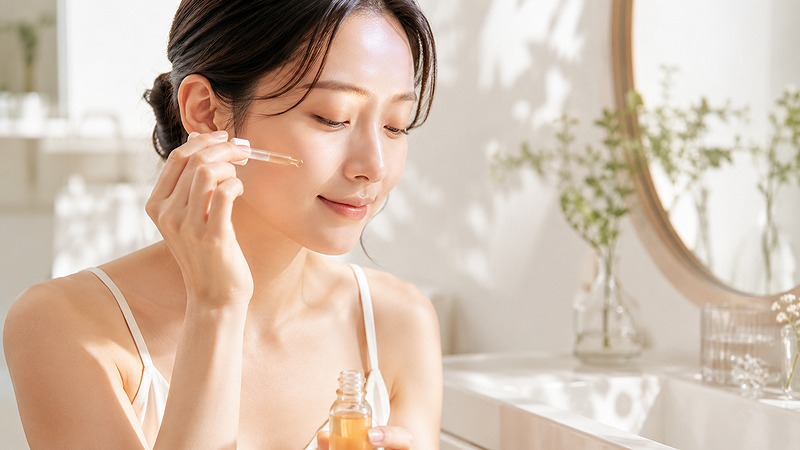 ビタミンC美容液をスポイトで肌になじませる女性のスキンケアシーン