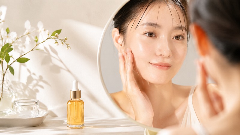 ビタミンC美容液と肌のキメを確認する女性のスキンケアイメージ