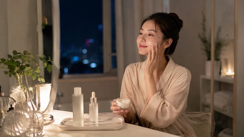 夜の洗面台で女性が美容液の後にクリームを頬になじませている写真