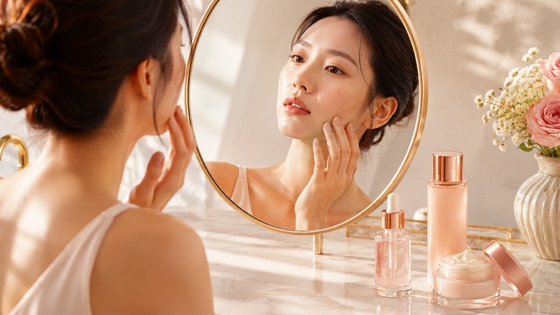 鏡を見ながら頬の乾燥状態を確認しセラムケアを見直している女性