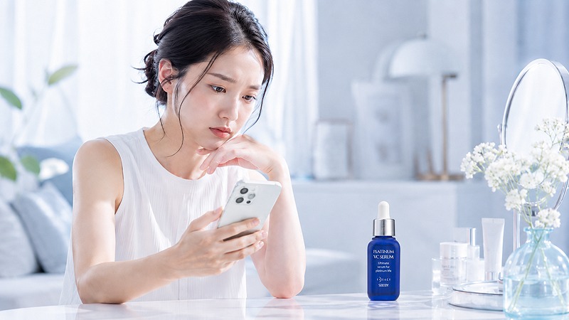 プラチナVCセラムの悪い口コミをスマホで確認する女性